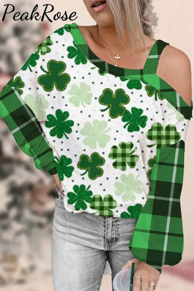 Casual Lucky Green Shamrocks Paid Printed Off-Shoulder Blouse