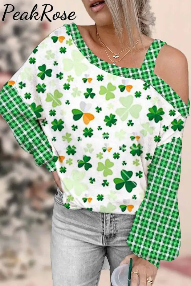 Casual Lucky Green Shamrocks Paid Printed Off-Shoulder Blouse