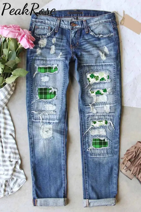 Casual Lucky Green Shamrocks Paid Printed Ripped Denim Jeans