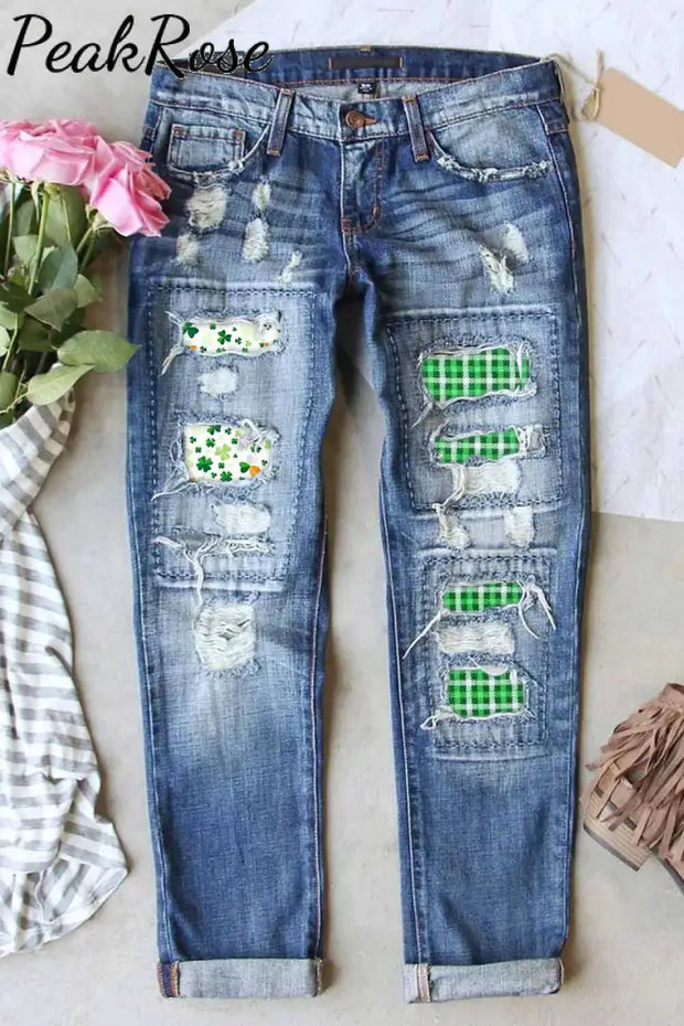 Casual Lucky Green Shamrocks Paid Printed Ripped Denim Jeans