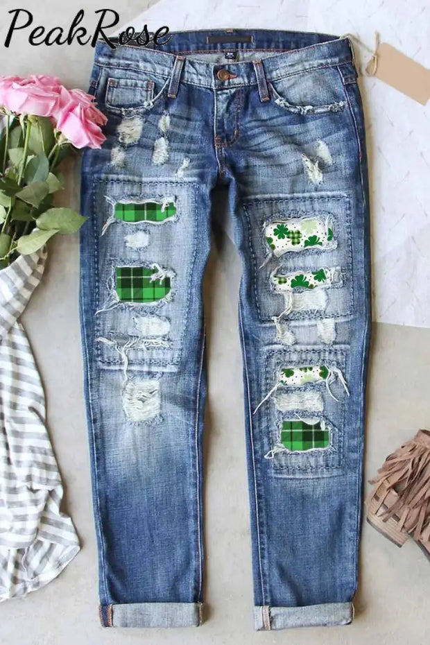 Casual Lucky Green Shamrocks Paid Printed Ripped Denim Jeans S