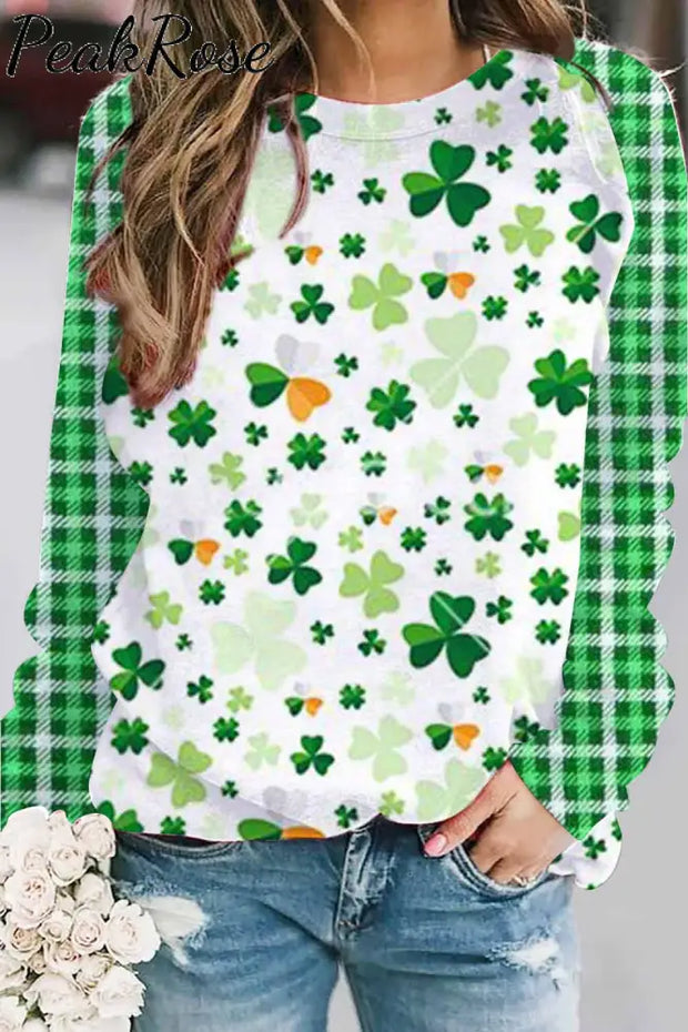 Casual Lucky Green Shamrocks Paid Printed Sweatshirt S /