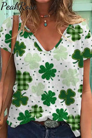 Casual Lucky Green Shamrocks Paid Printed V-Neck T-Shirt