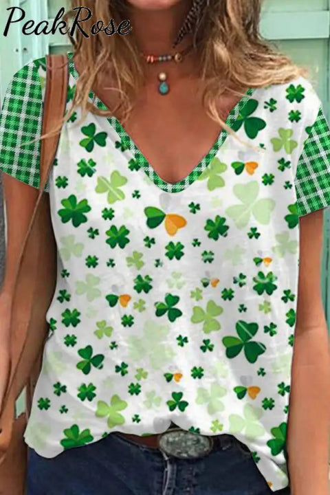 Casual Lucky Green Shamrocks Paid Printed V-Neck T-Shirt