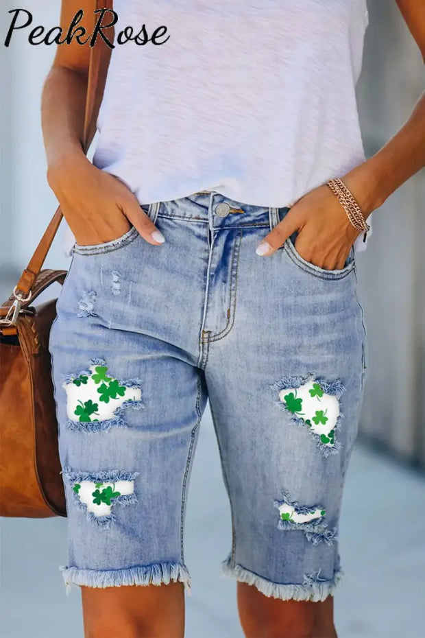 Casual Lucky Green Shamrocks Printed Bermuda Denim Shorts