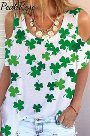 Casual Lucky Green Shamrocks Printed Cold Shoulder T-Shirt T-Shirt