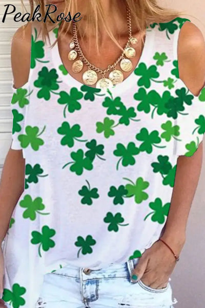 Casual Lucky Green Shamrocks Printed Cold Shoulder T-Shirt S / T-Shirt