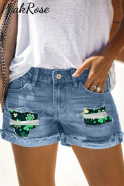 Casual Lucky Green Shamrocks Printed Denim Shorts