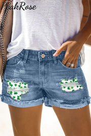 Casual Lucky Green Shamrocks Printed Denim Shorts S / Blue