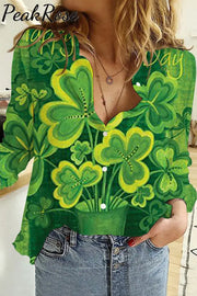 Casual Lucky Green Shamrocks Printed Long Sleeve Shirt S / Women