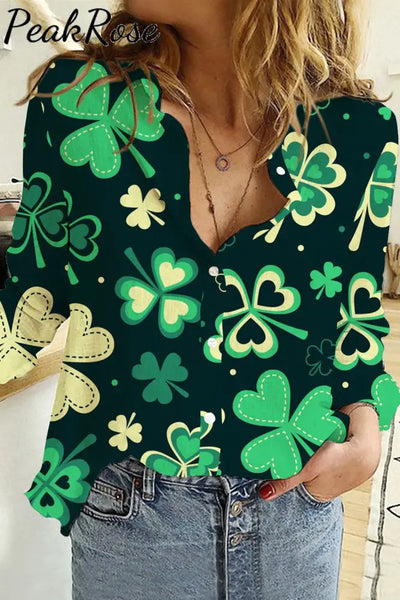 Casual Lucky Green Shamrocks Printed Long Sleeve Shirt S / Women