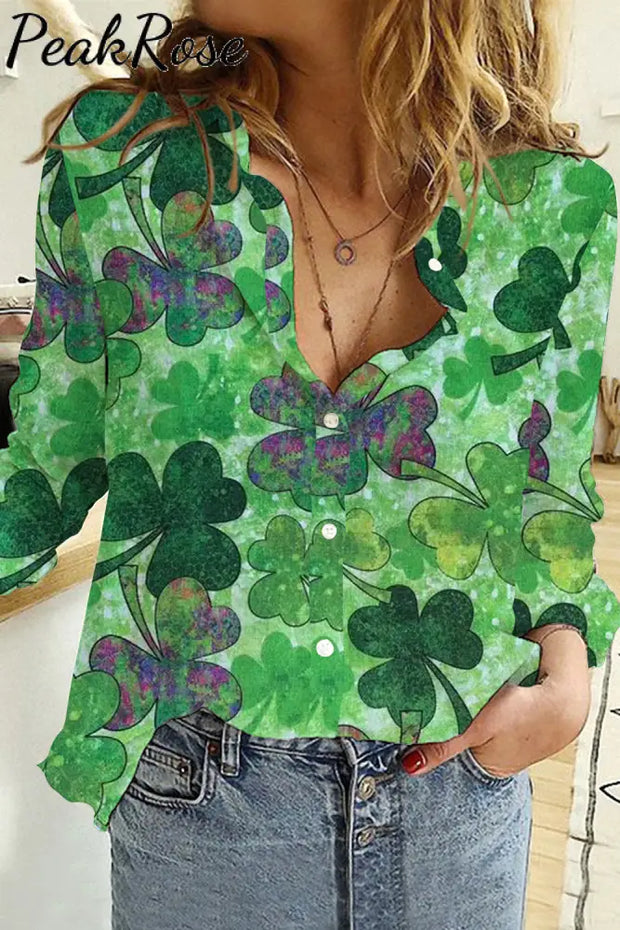 Casual Lucky Green Shamrocks Printed Long Sleeve Shirt S / Women