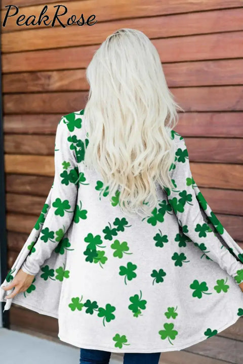 Casual Lucky Green Shamrocks Printed Loose Cardigan / S