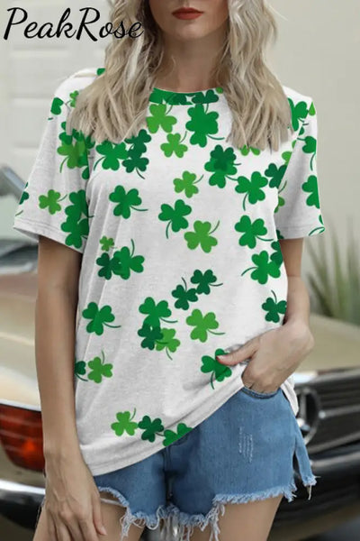 Casual Lucky Green Shamrocks Printed O-Neck T-Shirt S /