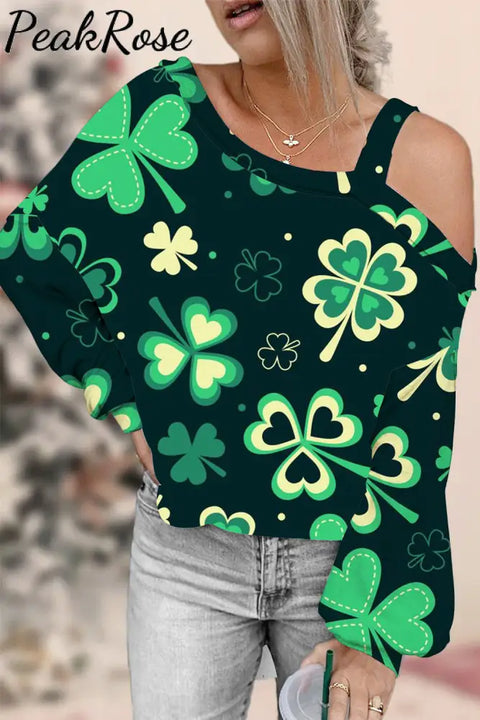 Casual Lucky Green Shamrocks Printed Off-Shoulder Blouse