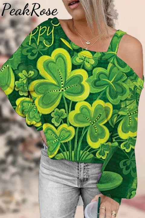 Casual Lucky Green Shamrocks Printed Off-Shoulder Blouse