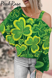 Casual Lucky Green Shamrocks Printed Off-Shoulder Blouse S /