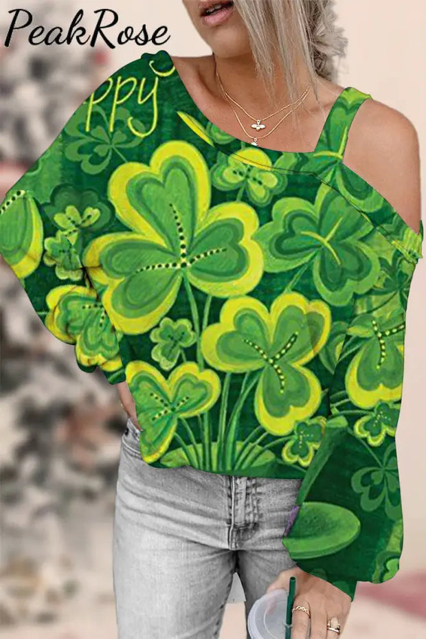 Casual Lucky Green Shamrocks Printed Off-Shoulder Blouse S /