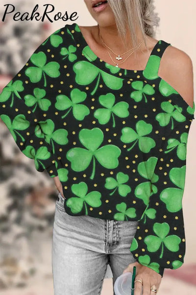 Casual Lucky Green Shamrocks Printed Off-Shoulder Blouse S /