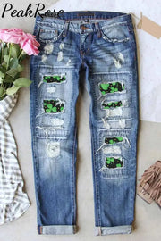 Casual Lucky Green Shamrocks Printed Ripped Denim Jeans