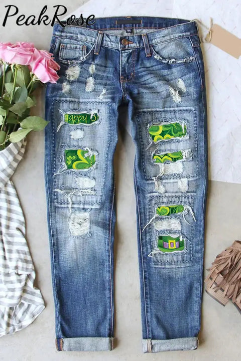 Casual Lucky Green Shamrocks Printed Ripped Denim Jeans