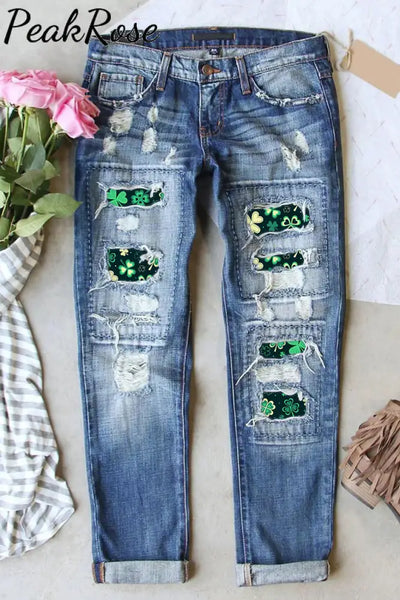 Casual Lucky Green Shamrocks Printed Ripped Denim Jeans S