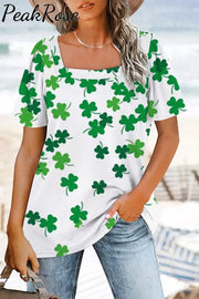 Casual Lucky Green Shamrocks Printed Square Neck T-Shirt S /