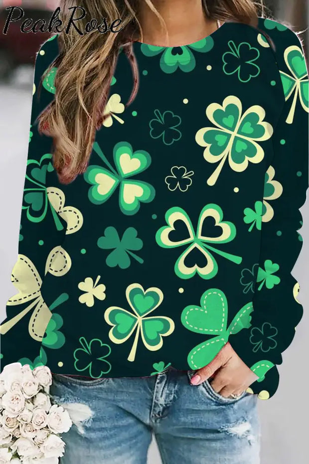 Casual Lucky Green Shamrocks Printed Sweatshirt S /