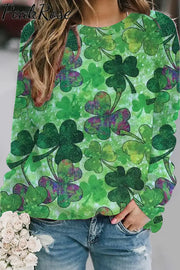 Casual Lucky Green Shamrocks Printed Sweatshirt S /