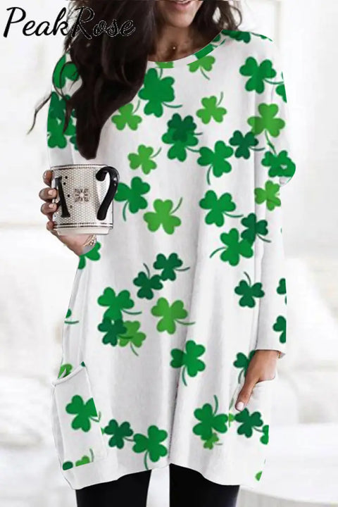 Casual Lucky Green Shamrocks Printed Tunic With Pockets