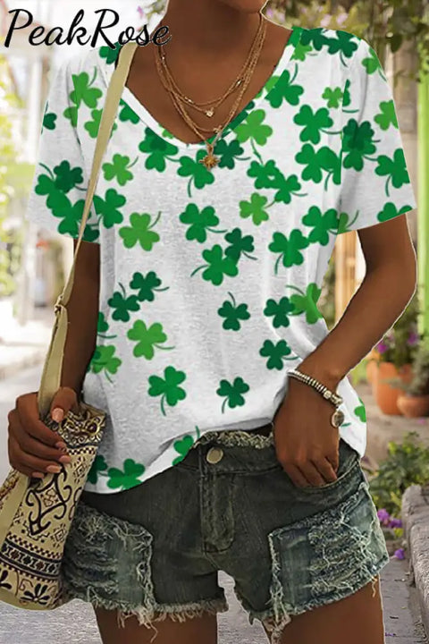 Casual Lucky Green Shamrocks Printed V-Neck T-Shirt