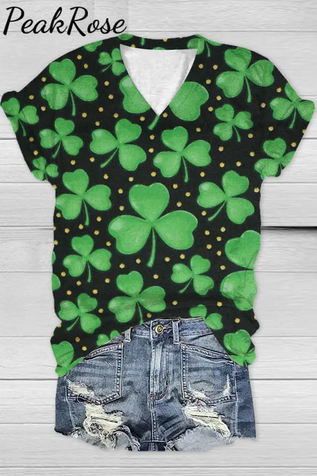 Casual Lucky Green Shamrocks Printed V-Neck T-Shirt