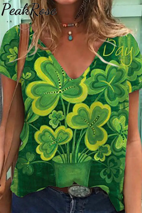 Casual Lucky Green Shamrocks Printed V-Neck T-Shirt