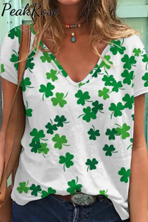 Casual Lucky Green Shamrocks Printed V-Neck T-Shirt