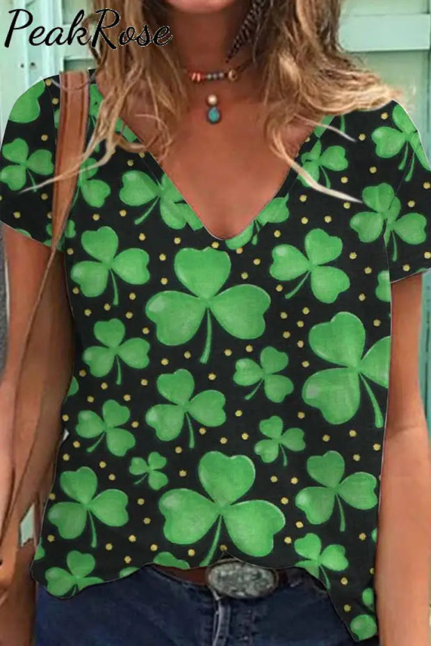 Casual Lucky Green Shamrocks Printed V-Neck T-Shirt S /