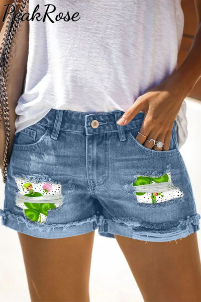 Casual Lucky Green Shamrocks Stripe Girls Printed Denim Shorts S / Blue