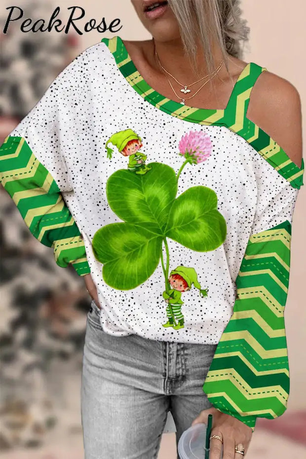 Casual Lucky Green Shamrocks Stripe Girls Printed Off-Shoulder Blouse