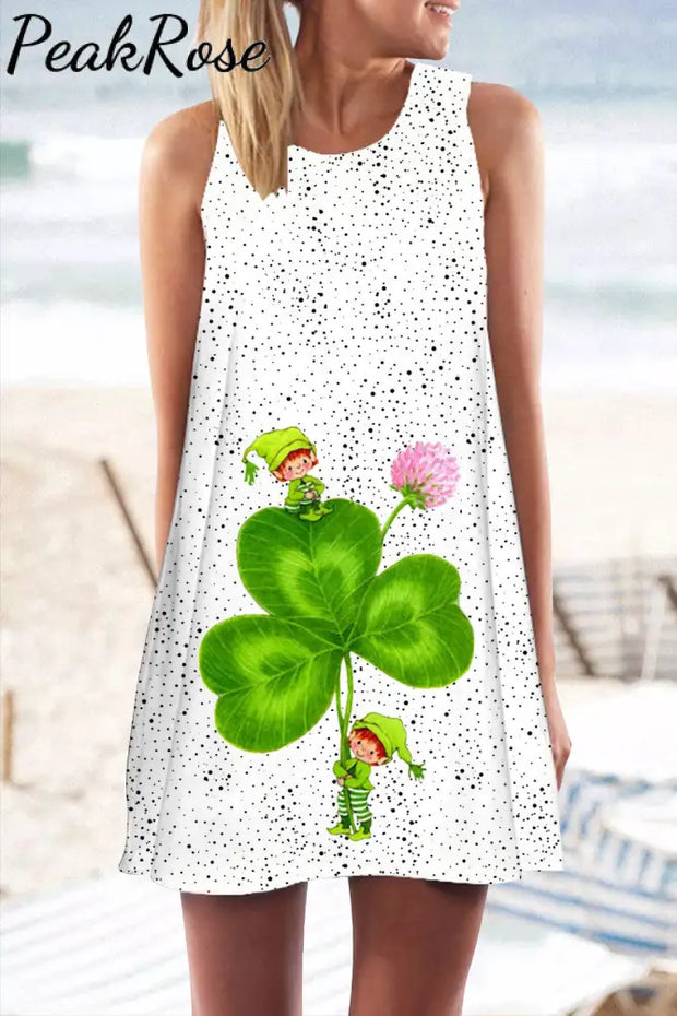 Casual Lucky Green Shamrocks Stripe Girls Printed Tank Dress