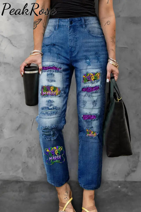 Casual Mardi Gras Mask With Beads Print Bleached Denim Jeans