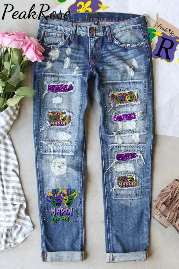 Casual Mardi Gras Mask With Beads Print Bleached Denim Jeans S / Blue