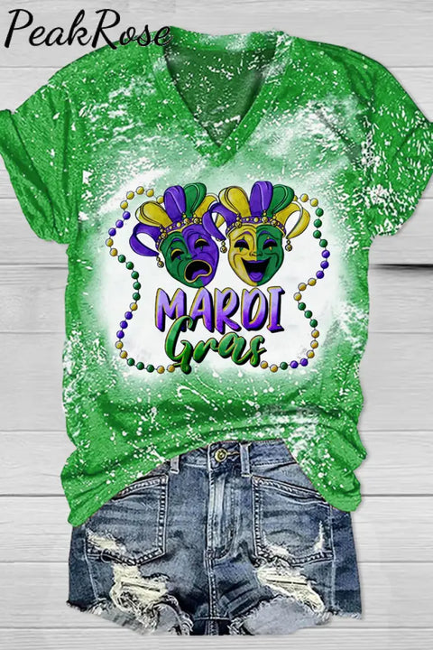 Casual Mardi Gras Mask With Beads Print Bleached Outside T-Shirt