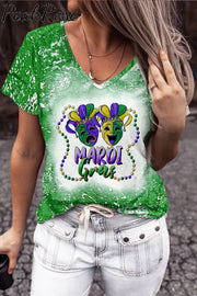 Casual Mardi Gras Mask With Beads Print Bleached Outside T-Shirt Green / S