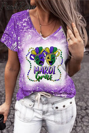 Casual Mardi Gras Mask With Beads Print Bleached Outside T-Shirt Purple / S