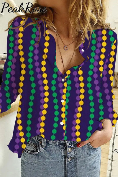 Casual Mardi Gras Tricolor Beads Long Sleeve Shirt S / Multicolor Women