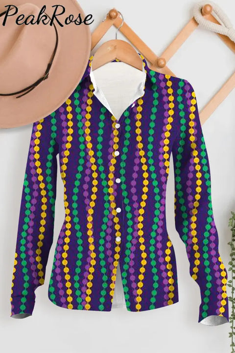 Casual Mardi Gras Tricolor Beads Long Sleeve Shirt Women