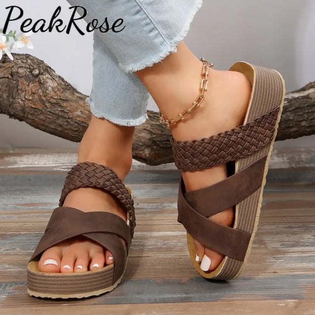 Casual Platform Mid-Heel Heightened Slippers Brown / 35 Sandals