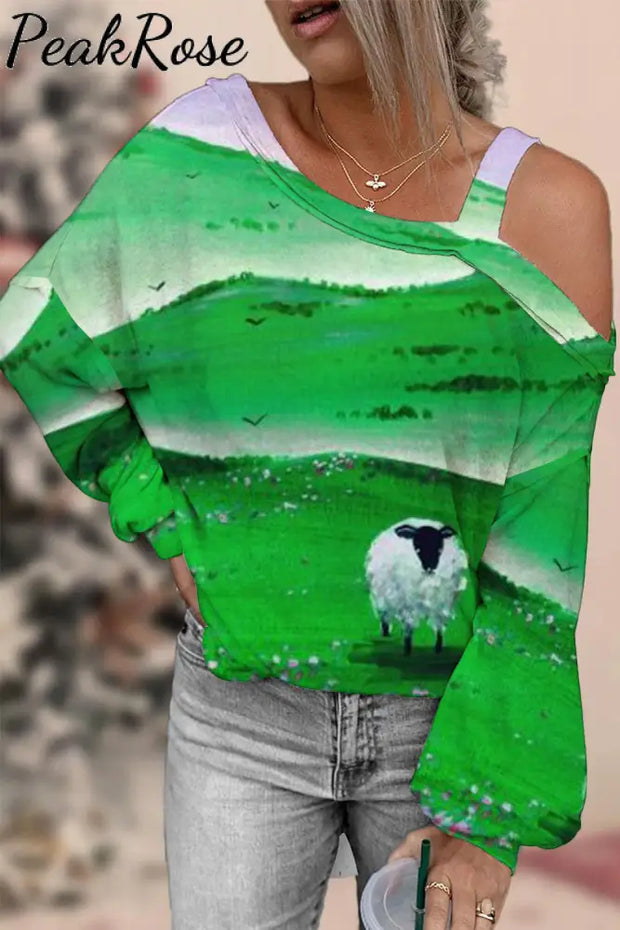 Casual Sheep In The Green Hills Printed Off-Shoulder Blouse