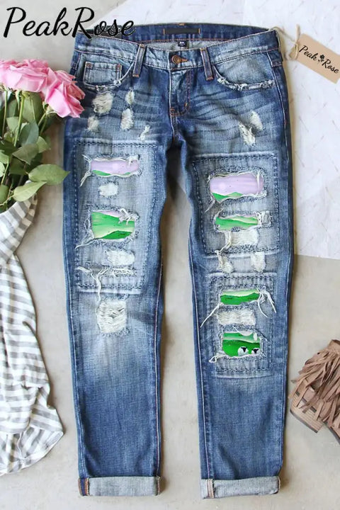 Casual Sheep In The Green Hills Printed Ripped Denim Jeans S