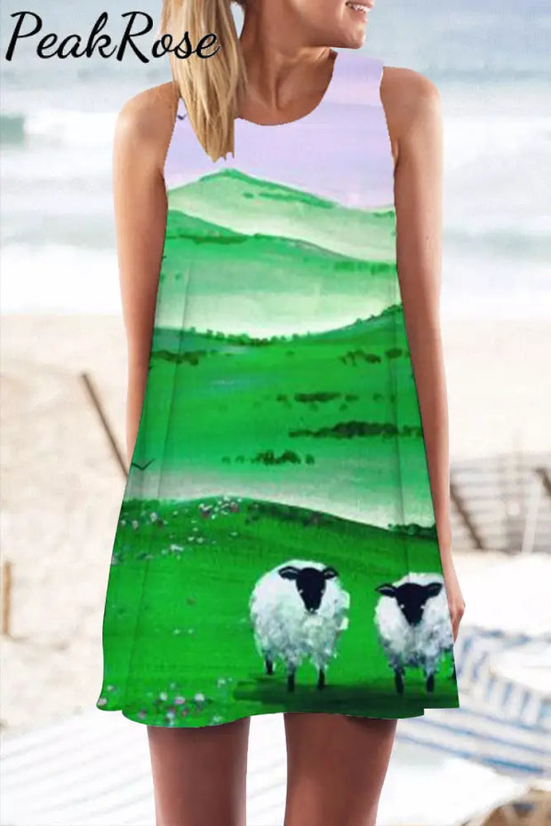 Casual Sheep In The Green Hills Printed Tank Dress