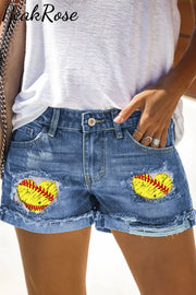 Casual Softball Sports Style Heart Printed Ripped Denim Shorts S / Blue